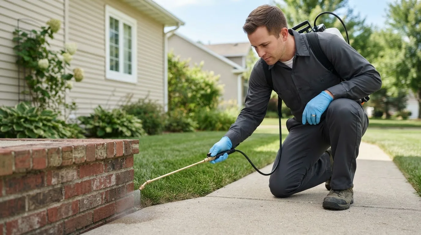 Pest control technician treating a home near Mingus, TX